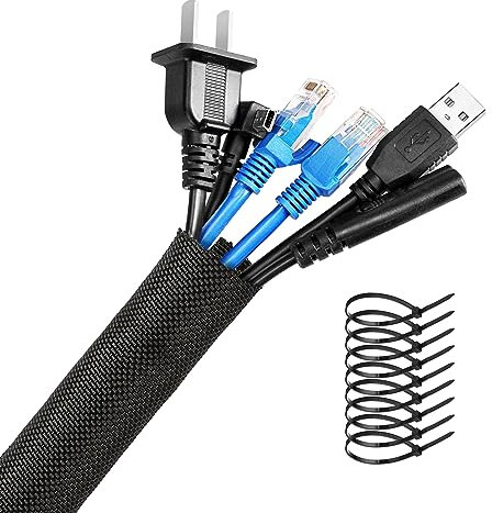 AGPTEK Cable Tidy Sleeve 3m/10FT - 23mm/∅0.9, Braided Wire Management for Car Cord Insulating Protective, Self-Wrapping Cable Sheath for Office Home Desk TV PC, Animal Proof Chewing, Black