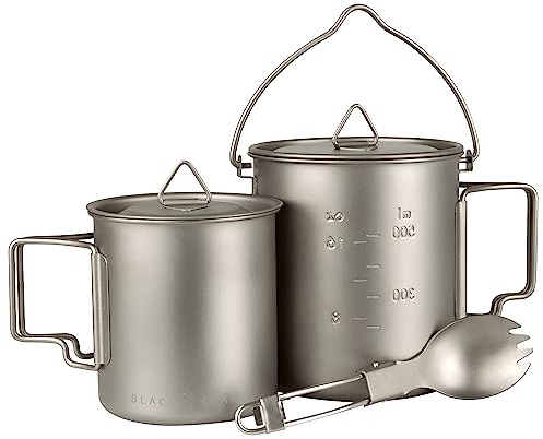 Black Snake Campinggeschirr Set aus Titan - 3-teilig & Ultraleicht - mit 750 ml Topf, 420 ml Topf & Göffel - kompakt verstaubar inkl. Beutel