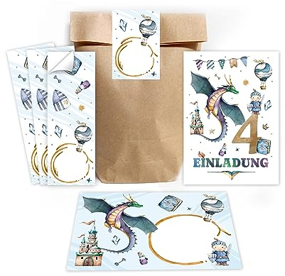 Minkocards 12 Einladungskarten zum 4. Kindergeburtstag Junge Ritter Drache Einladung zum vierten Geburtstag incl. 12 Umschläge, 12 Partytüten/natur, 12 Aufkleber Einladungsset