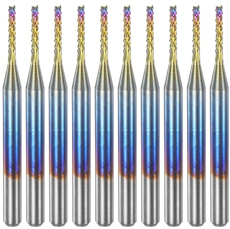 uxcell 10pcs End Mills CNC Router Bits 1/8 Shank 1.2mm Blue Coated Tungsten Carbide Milling Cutters for PCB Acrylic Wood Aluminum Metal