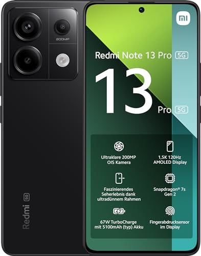 XIAOMI Redmi Note 13 Pro 5G Smartphone, 12+512GB, Handy ohne Vertrag, 6,67 1,5K AMOLED Display, 5.100 mAh, 200MP Kamera, Dual-SIM, Schwarz