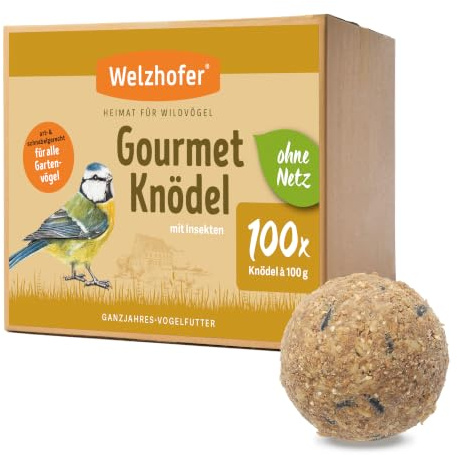 Welzhofer Gourmetknödel mit Insekten, 100 Stück x 100g - Meisenknödel ohne Netz, leckere Energiequelle für Garten- & Wildvögel, verdauungsfördernde Getreideflocken, praktische Kartonagenverpackung