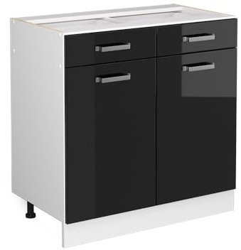 Vicco Küchenunterschrank R-Line, Schwarz Hochglanz, 80 cm | 2 Schubladen · Ohne Arbeitsplatte · Höhenverstellbare Füße · 2 Türen · ✓ Leichter Zugriff