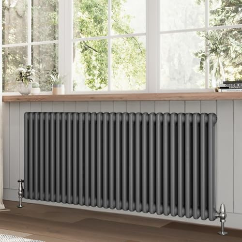 Go Bathrooms Utopia Grey Horizontal Radiator 600 x 1370mm Traditional Cast Iron Style 2 Column Anthracite Central Heating Living Room Radiator