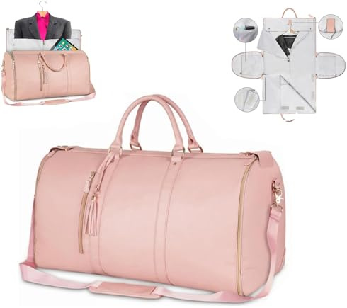 Akayoo Reisetasche Foldybag, Faltbare Reisetasche, Wasserdichter Kleidersack für Reisen, Carry on Garment Duffle Bag, Travel Bag Women, Umwandelbarer, Pink, PU Leder, 20.5 x 10 x 12.5 Zoll