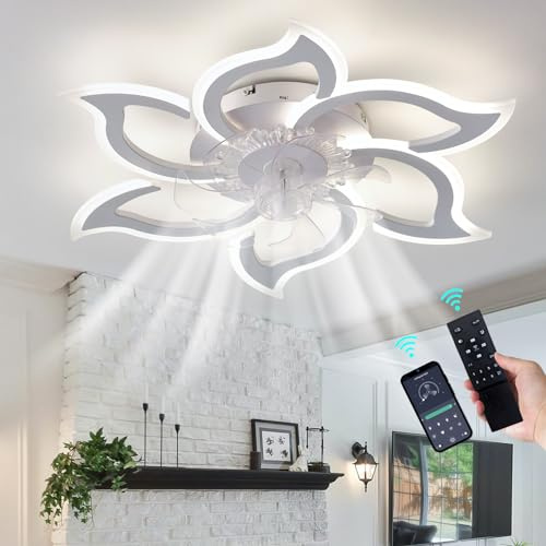 Luyaim 83CM Lampadario A Ventola Da Soffitto Con Telecomando Motore DC Silenzioso Bianco Moderno Floreale 6 Velocità Dimmerabile Lampadari Con Ventilatore Design Per Camera Da Letto Soggiorno-White