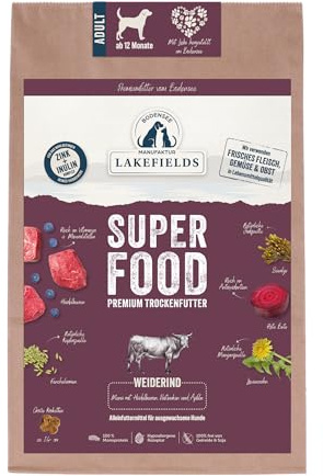 Lakefields SUPERFOOD | Premium Hundefutter trocken | 61% Rind | 4 x 2,5kg | Getreidefreies Trockenfutter für ausgewachsene Hunde | Mit Heidelbeeren, Seealge & Roter Beete | Von Tierärzten entwickelt