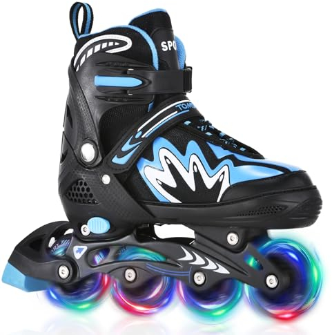 TOMSHOO Rollschuhe, Inliner Roller Skates mit 4 Größen Verstellbar, LED Rädern, Mehrere Größenoptionen, Inlineskates für Kinder Erwachsene Jungen Mädchen, Blau, M