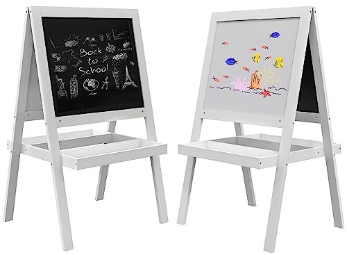 AIYAPLAY Kids Easel, Art Easel with Double Sided Whiteboard, Chalkboard, Storage, 2 in 1 Standing Easel for Toddlers 18-48 Months, White