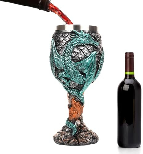 Zuasdvnk Copa de cáliz de vino de acero inoxidable con diseño de dragones, cáliz de dragones, cáliz medieval segura y creativa para beber a diario y