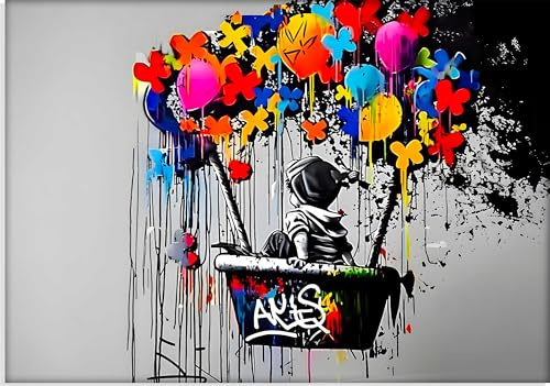 Kunstbruder Banksy Urban Streetart Gross Quer, Home Deko Wohnzimmer Bild Leinwand Graffiti Kunstdruck - Moderne Mood Kunst Bunt (JungeImBallon_Quer, 80x120 cm)
