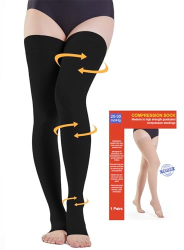 20-30 mmHg Medizinische Kompressionsstrümpfe Damen & Herren Klasse 2, Offene Zehe Lang Stützstrümpfe Thrombosestrümpfe mit Silikonband für Krampfadern Ödeme Flug (Schwarz, XL)