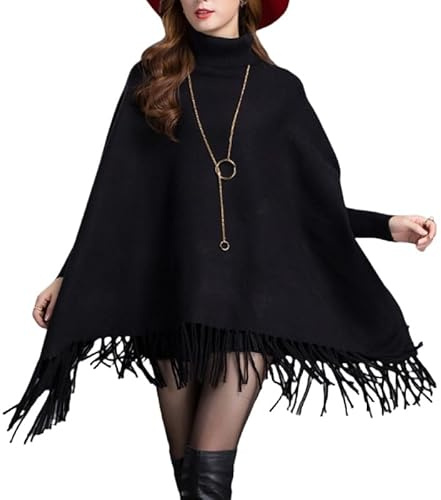 LIUYUYOUGO Poncho Donna,Donne Scialli E Mantelle Lavorati A Maglia Con Maniche Maglione Poncho Tinta Unita Collo Alto Mantello Lavorato A Maglia Avvolgente Con Frange Morbido Poncho In Finto Cashmer