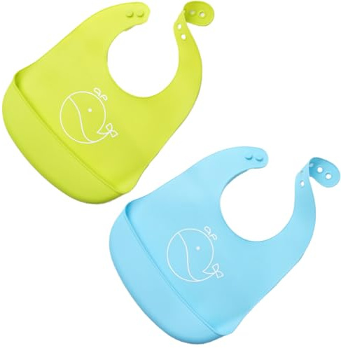 KOLZEMV 2 Pezzi Bavaglini in Silicone per Neonato e bambini piccoli (10-72 mesi), bavaglino silicone, bavaglini silicone, Impermeabili Bavaglino Pappa Svezzamento, Morbidi, Unisex, Non confusionari