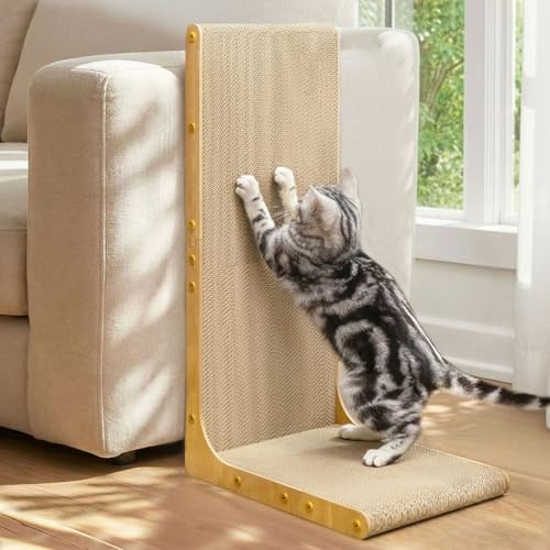 Conlun Grattoir pour Chat, 66 cm Forme en L Montable au Mur, Plateau à Gratter Vertical, Carton Durable pour Protéger Les Meubles des Chats d'Intérieur, Jumbo,Effet Bois