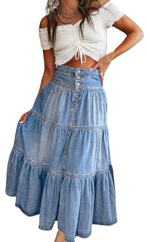 utcoco Damen Jeansrock mit hoher Taille, lang, geknöpft, gestuft, Rüschen, Swing, A-Linie, Jeansrock, Maxirock mit Taschen, Blau, XX-Large