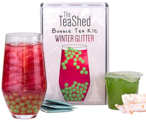 Winter Glitter Christmas Bubble Tea Kit Gift Box |Glitter Cranberry Bubble Tea Syrup, Apple Popping Boba, Premium Tea and Paper Straws | Makes 3 Bubble Teas | Vegan | by THE TEASHED