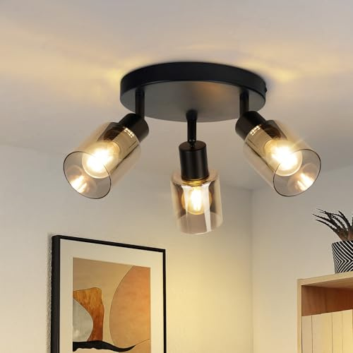 Kowanie Deckenstrahler 3 flammig Schwarz: Vintage Deckenleuchte retro | Deckenlampe E14 Industrial Deckenspots Flur aus Glas und Metall Schwenkbar Spotleuchte für Küche Wohnzimmer Ohne Leuchtmittel