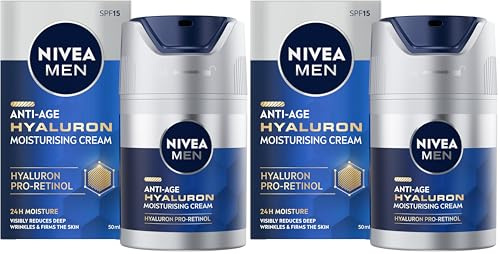 NIVEA MEN Anti-Age Hyaluron SPF15 Moisturising Cream (50ml), Anti-Wrinkle Face Cream with Hyaluronic Acid and Pro-Retinol, Visibly Reduces Deep Wrinkles and Firms Skin (Pack of 2)