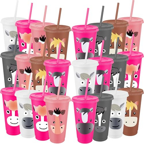 MSYU 24 vasos de plástico con tapa, popote, reutilizables, para fiestas temáticas de animales, cumpleaños, Navidad, Acción de Gracias, 24 unidades