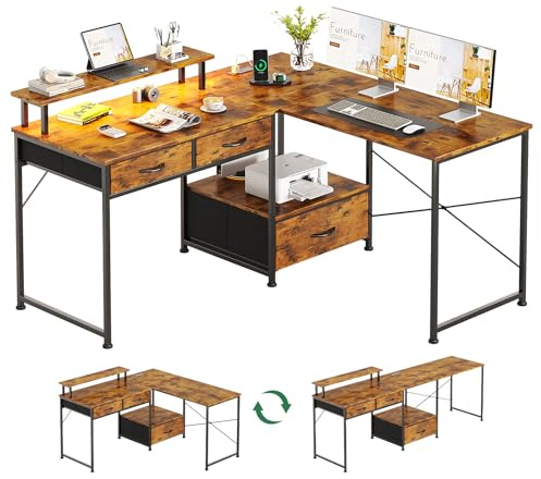 MUTUN L Shaped Computer Desk with Power Outlet & LED Lights, 128x120 cm Reversible Corner Gaming Desk with Drawers, 2 Person Office Study Table Computer Workstation for Home, Rustic Brown
