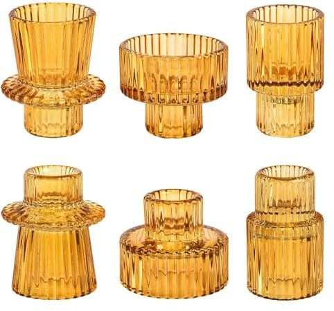 Doolitt Candle Holders Set,Votive Glass Candle Stick Holders, Pillar Taper Decor Centerpiece for Table,Crystal Tea Light Candle Holders for Home Dinning Wedding Party Festival(6, Amber)