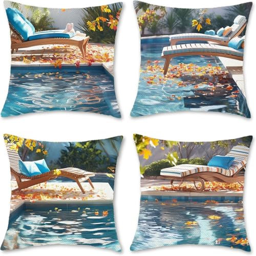 Kissenbezug 80x80cm 4er Set Kissenbezüge Wasserfest Sommer Outdoorkissen, Outdoor Kissen Wetterfest Leinen Kissen Loungesessel Kissenhülle für Balkon Garten, Außen Garten Dekoration Schwimmbad A-8