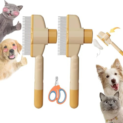 Fellblitz Bürste Katze mit Krallenschere - Selbstreinigende Fellbürste Katze,Katzenbürste für Lang- und Kurzhaarpflege,Upgraded Katzenkamm Für Entfernt Knoten & Lose Haare