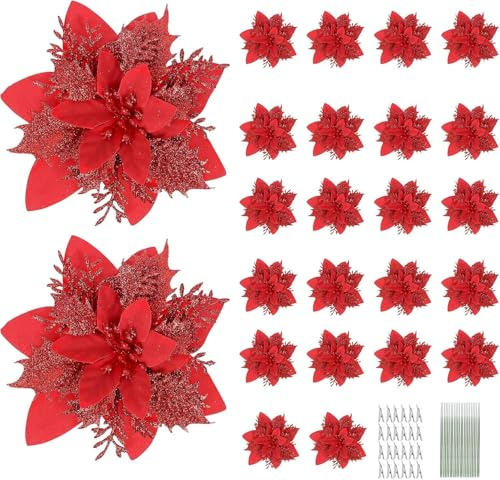 N&T NIETING Poinsettia Lot de 24 fleurs de Noël à paillettes avec clips - Poinsettia - Fleurs artificielles pour sapin de Noël - Décoration d'arbre de Noël - Rouge