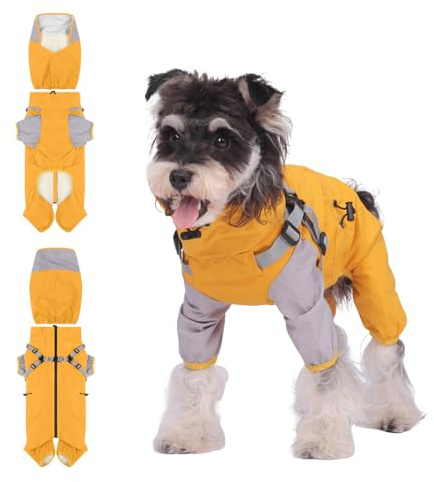 PETCUTE Hunde Regenmantel,Wasserdichter Hunde-Regenjacke mit Integriertem Geschirr,Abnehmbare Kapuze,Leicht, Doppellagig,4-Beine Haustier Poncho für kleine Mittelgroße und große Hund und Welpen,L