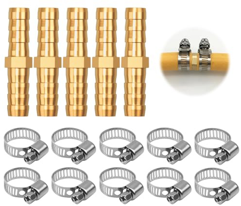 Connettore Tubo Flessibile 8mm (5/16) in Ottone, 5 Pezzi Raccordo Diritto a Spillo con 10 Clip per Tubi in Acciaio Inossidabile per Acqua/Carburante/Aria