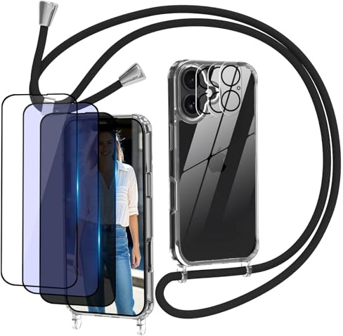 Dniodio 7 in 1 Coque avec Cordon pour iPhone 16 avec 3 Verre Trempé [HD+Anti-Lumière Bleue+Confidentialité][3 Caméra Protecteur],Transparente Anti-Jaunissement Antichoc Protection Complète Cover