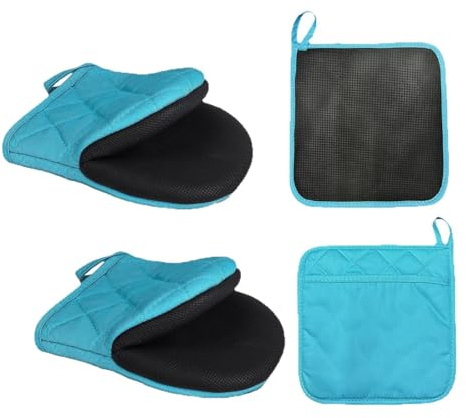 Ofenhandschuhe und Topflappen, hitzebeständige Küchenhandschuhe, kurze Ofenhandschuhe, Baumwolle und rutschfester Griff, Ofenhandschuhe und heiße Pads zum Backen, Grillen, Grillen, Mikrowelle, Blau