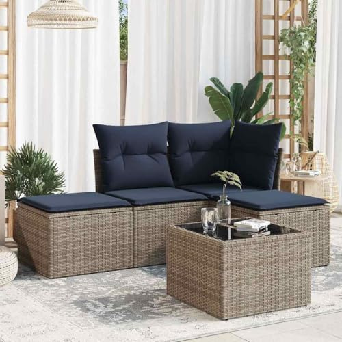 QJBSAVVA 5-TLG. Gartenmöbel Set aus grauem Polyrattan mit platzsparender Eckbank, Tisch und Hocker, robuste Gartenlounge für kleine Balkon, Terrasse & Innenhof, 214x214cm Grau