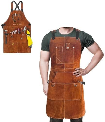 Tablier de soudure en cuir pour homme, 6 poches pour homme - Résistant à la chaleur - Protection contre les flammes - En cuir de vache - Pour atelier, forgeron, armurier - Rangement d'outils