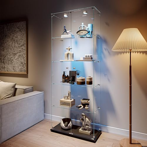 FOERPL Vitrin av glas med LED-belysning, 5 nivåer vitrinskåp stående med 2 dörrar och lås, 78 x 35 x 186 cm samlarvitrinskåp, stort för vardagsrum/kontor/lekrum, svart