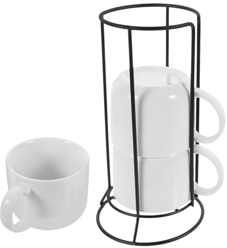 VERDANVERSE Juego de 4 Tazas de Cerámica con Soporte Metálico, Tazas para Café, Leche y Jugo, Set para Hogar y Oficina, Bordes Lisos, Diseño Resistente, Adecuado para Cocina y Cafetería