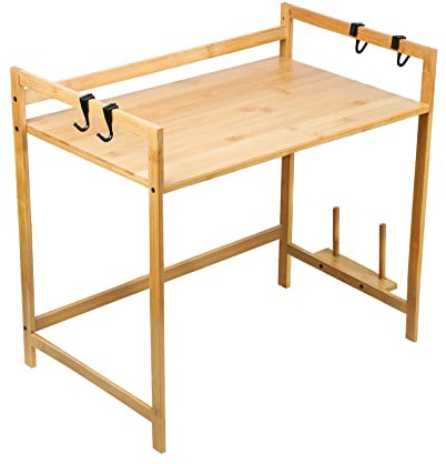 homewell Scaffale regolabile per microonde in bambù, a 2 livelli, con gancio, ripiano per tagliere, mensola da cucina in piedi per tostapane, friggitrice ad aria calda