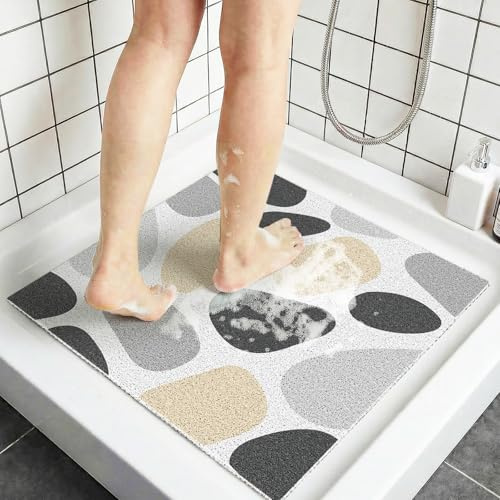 Alfombrilla Ducha Antideslizante Cuadrada 60x60 cm PVC Luffa, Alfombra Bañera Suave Secado Rápido Drenaje, Alfombra Baño Antideslizante para Mayores y Familia, Piedra Gris