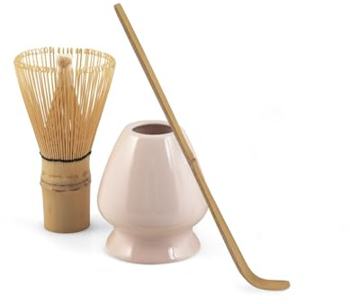H&H, Set per Tè Matcha 3 Pezzi - Frusta in Bambù, Supporto in Porcellana e Cucchiaio per Dosaggio - Accessorio per Preparare Matcha con Schiuma - Idea Regalo Perfetta per Amanti del Tè e Cena a Tema