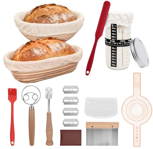 15PCS Sourdough Starter Kit Include 2X Natural Rattan Bread Proofing Basket | Starter Jar, Lame Bread, Lame Dough Scraper Cloth Liner, Baking Mat, Essential Baking Tools, Baking Enthusiasts/Beginners
