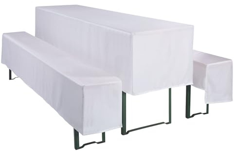 Biertischhussen Set 3-teilig Weiß | Hussen für Bierzeltgarnitur | 1x Biertischhusse & 2x Bierbankhussen | Tischhusse Set | Bierbank Hussen für Tischbreite 50 cm | Pflegeleicht & Schnelltrocknend