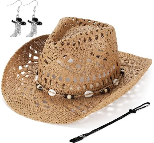 Geebuzz Straw Cowboy Hat for Women, Western Cowgirl Hats with Boot Earrings, Brim Summer Beach Hat (Brown)
