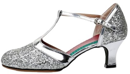 Dam Glitter Ballroom Dansskor - Eleganta Silver Kitten Heel Latin Salsa Pumps Med T-rem För Scenframträdande Eller Träning,Silver 5cm,38