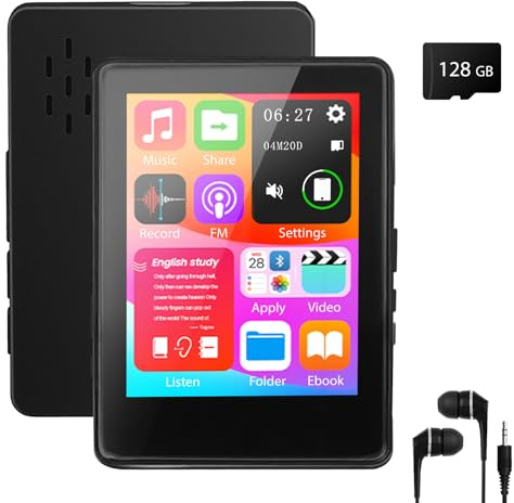 Aroeally 128GB MP3 Player mit Bluetooth, 2,4 Zoll Touchscreen, Digitaler Musik Player mit FM Radio, HiFi Audio, Sprachaufnahme, Video & E-Book Wiedergabe, Kopfhörer inklusive
