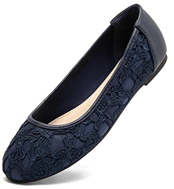 Greatonu Women Work Shoes Cut Out Slip On Lace Floral Closed Toe Ballet Ballerina Flats Navy Blue with Lining Size 8 UK