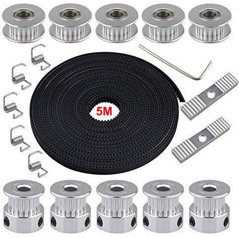 QitinDasen 5m GT2 Zahnriemen 2mm Pitch 6mm Breite, mit 5Pcs Zahnriemenscheibe und 5Pcs Idler 20 Zähne 5mm Bohrung, 5Pcs Spanner Torsionsfeder, 2Pcs Zahnriemen Klemmen, 2mm Allen Wrench