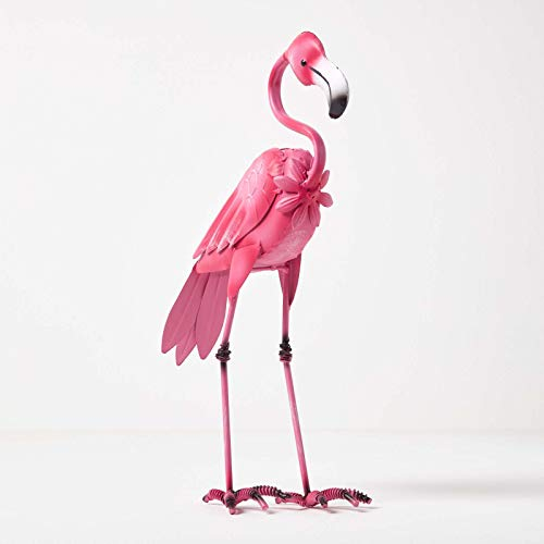 Figura decorativa de flamenco Homescapes para jardín, de metal, pintada a mano, de hierro, para jardín, estanque y balcón, decoración de estanque, figura de animales, color rosa, aprox. Altura: 35 cm.