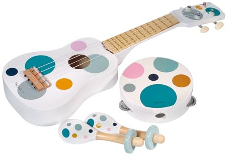 Kindsgut Musikinstrumenten-Set mit Gitarre Rasseln und Tamburin, dezente und Moderne Farben, Punkte