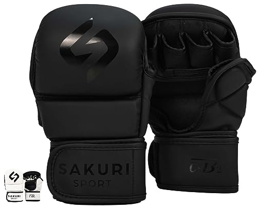SAKURI MMA Sparring Gloves, Maya Hide Leather, Black Grappling Martial Arts Training Mitts, Cage Fighting Combat, Muay Thai, Kickboxing, Boxing (L-XL, Black)